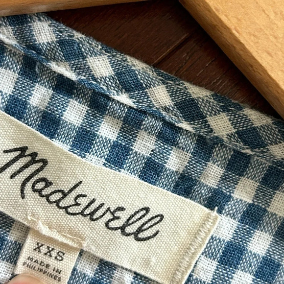 Madewell Gingham Shirred -Sleeve Wrap Dress in Blue & White Size XXS linen blend - Picture 11 of 15